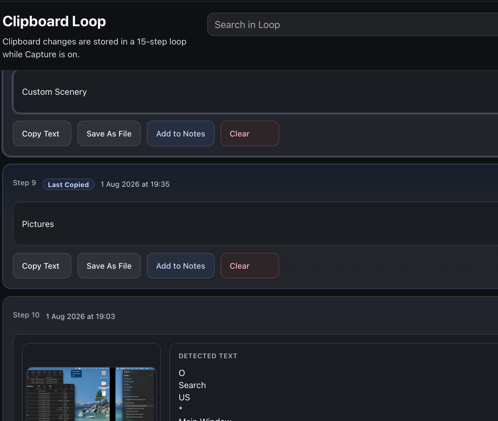 Paste Wizard clipboard loop showing recent items, search, and add-to-notes actions.