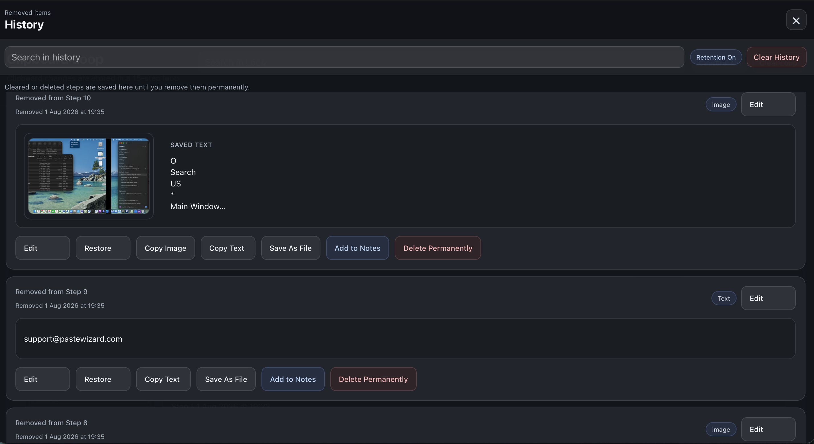 Paste Wizard history view showing removed items with restore, add-to-notes, and permanent delete actions.