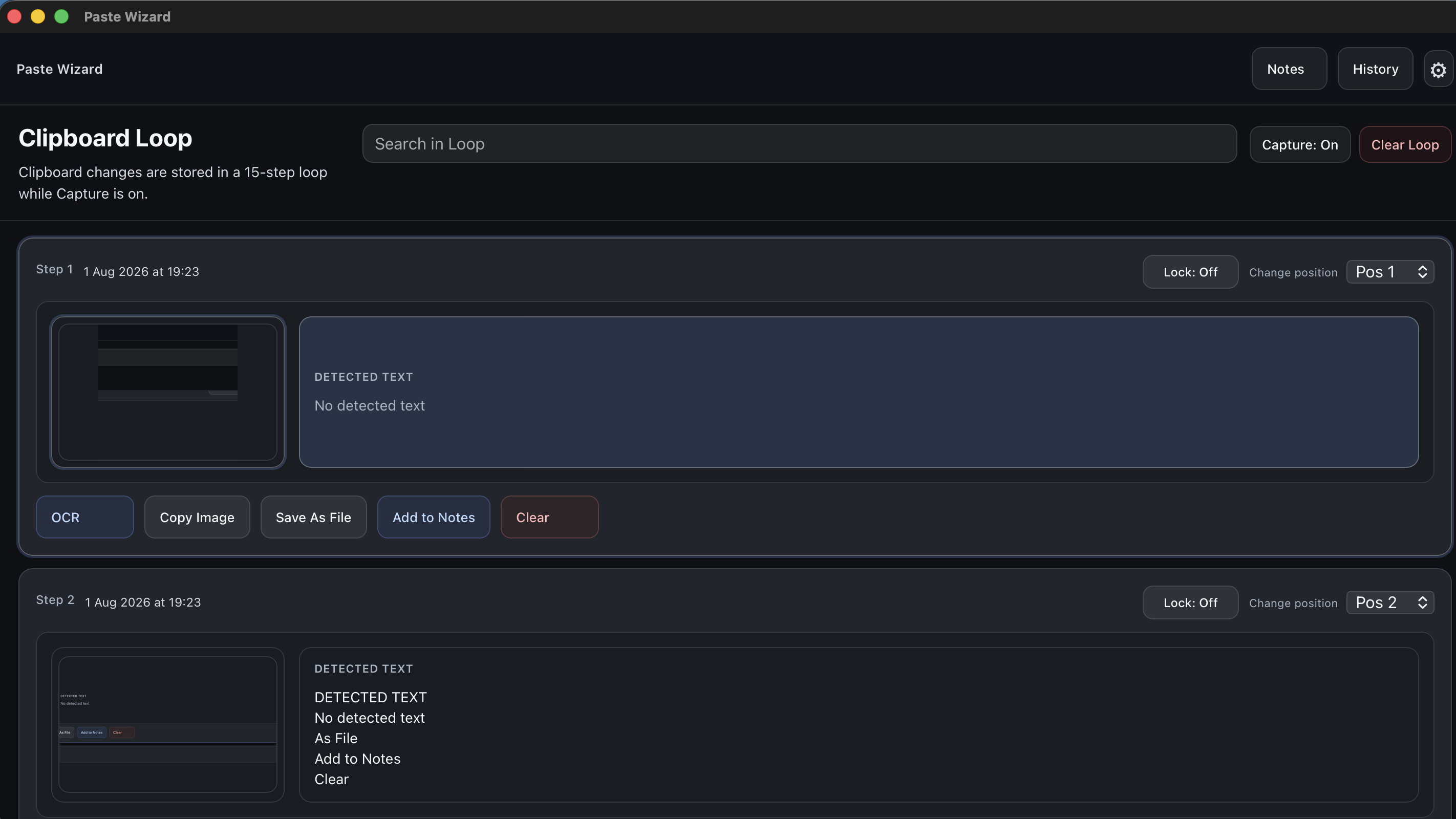 Paste Wizard main window showing the clipboard loop, search, OCR text, and item actions.
