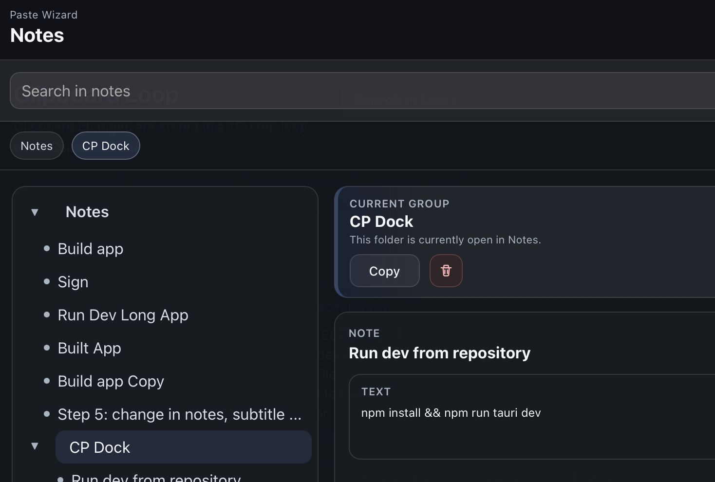 Paste Wizard notes view with note groups, note titles, and a selected note open on the right.
