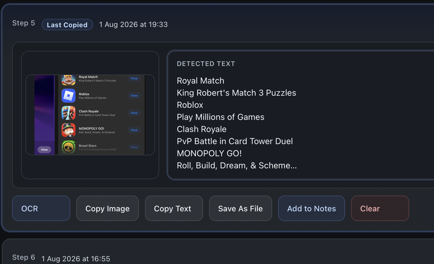 Paste Wizard showing an image capture next to detected OCR text and related actions.