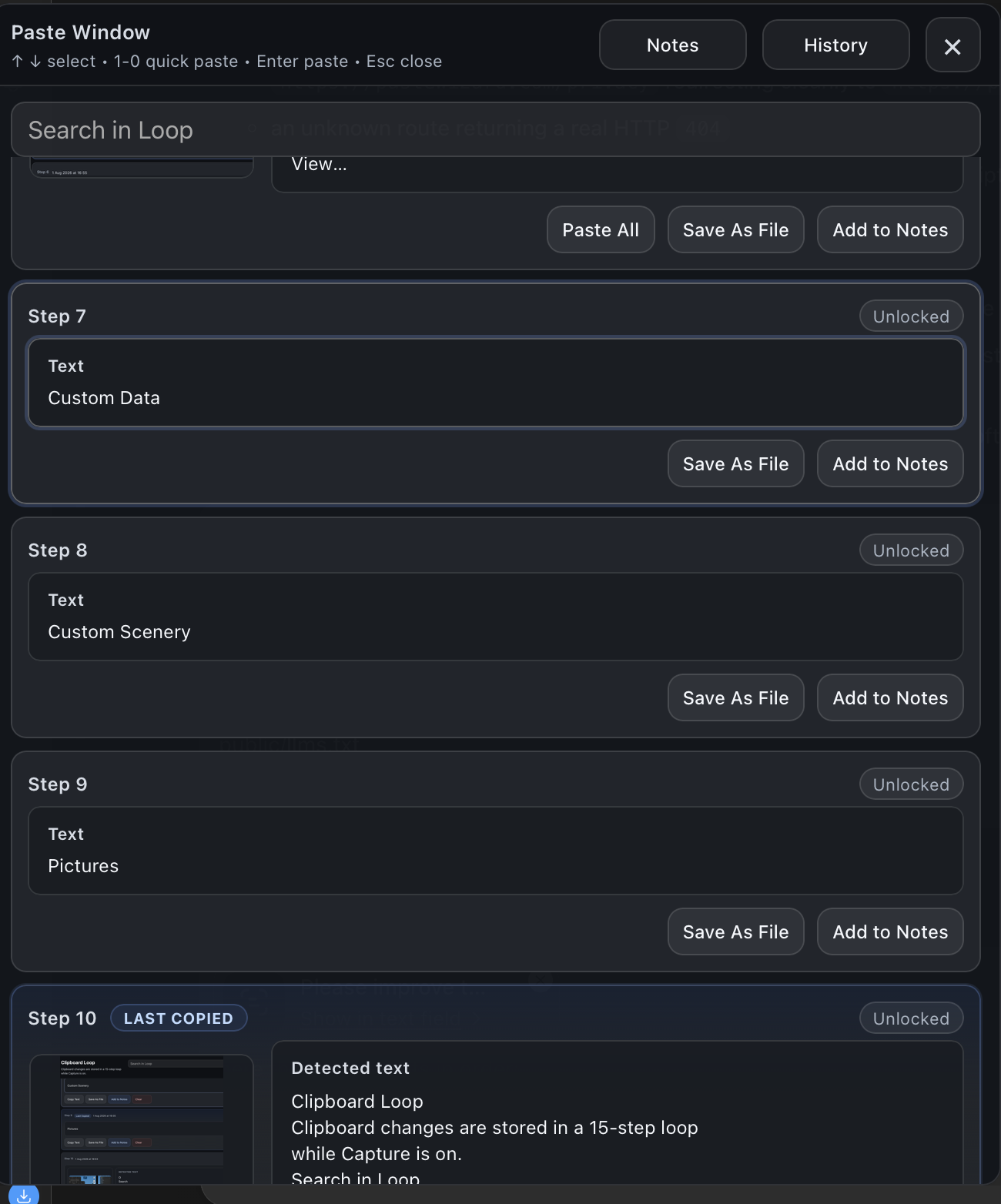 Paste Wizard paste window with search, notes, history, and recent clipboard items.