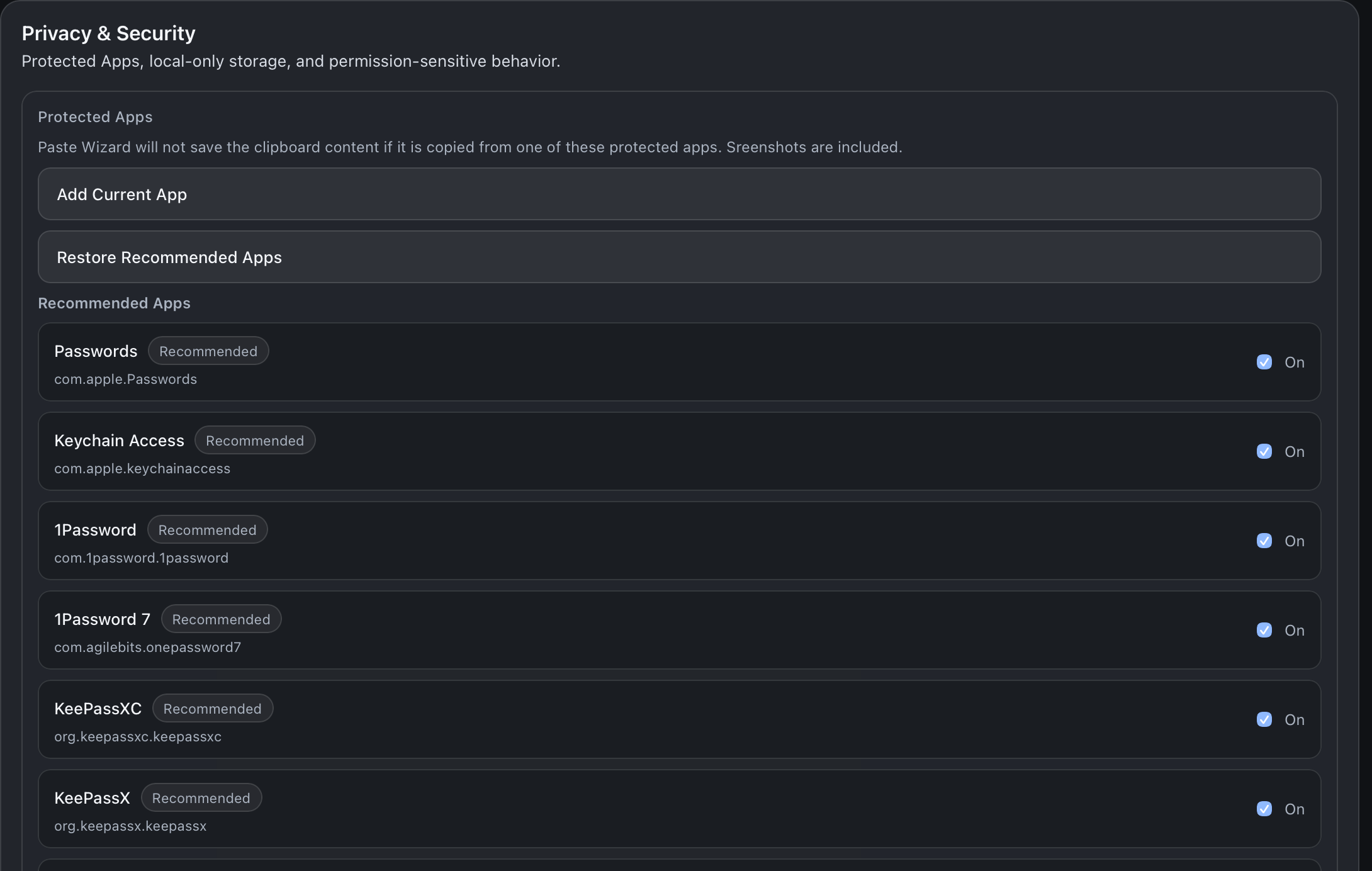 Paste Wizard privacy and security settings showing protected apps and recommended ignored apps.